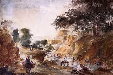 paysage avec des figures d’une rivière Camille Pissarro Peinture à l'huile